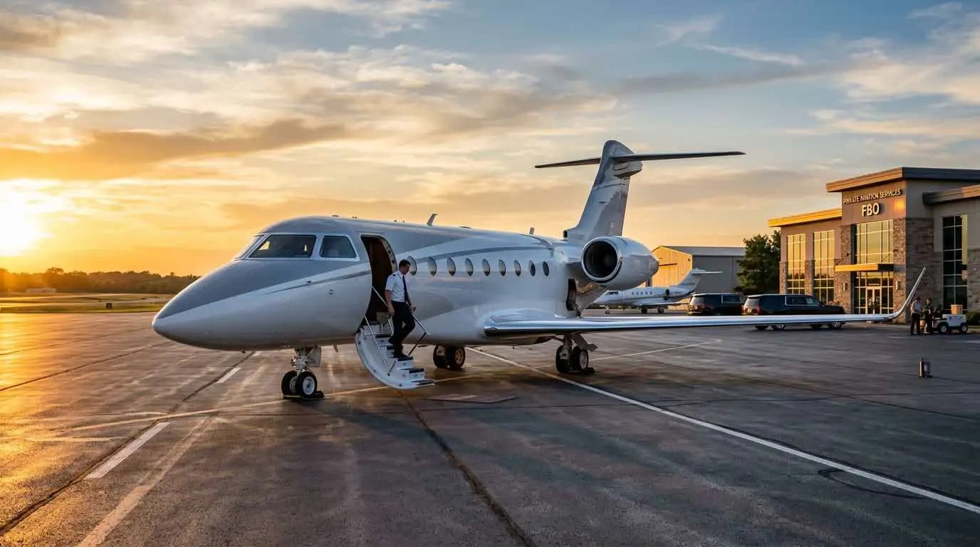 Midsize business jet parked on executive ramp showing typical average private jet cost range