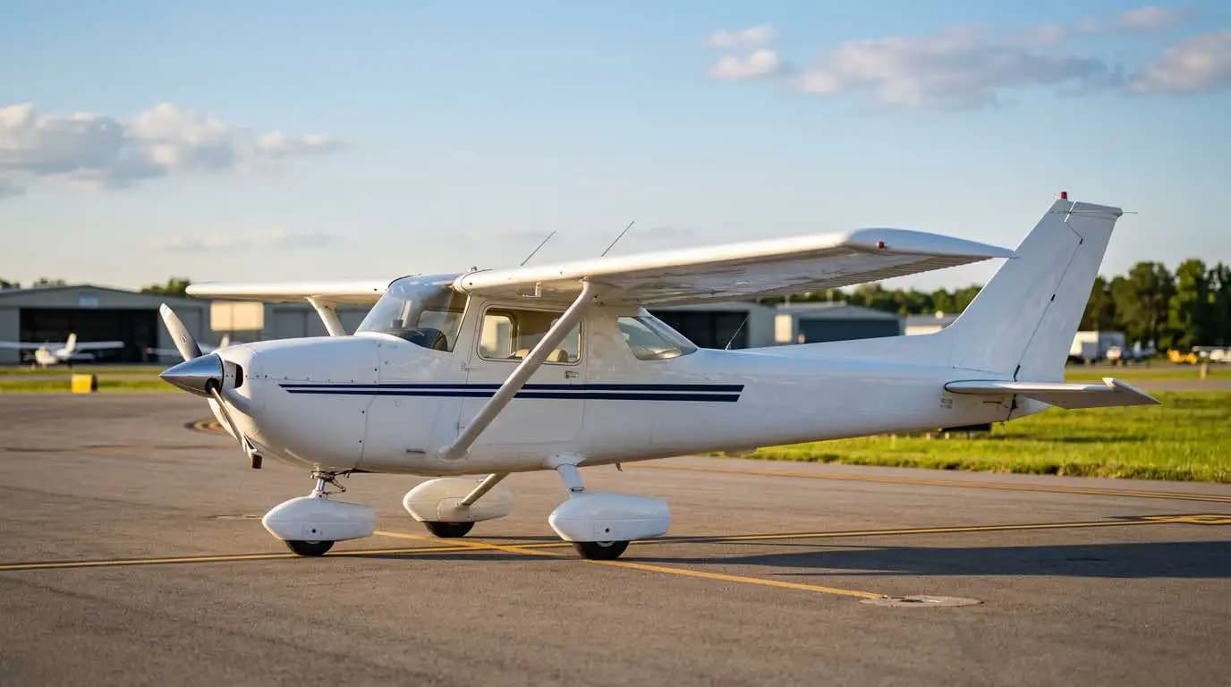 Cessna 152 parked on ramp showing high-wing two-seat trainer profile with fixed tricycle gear