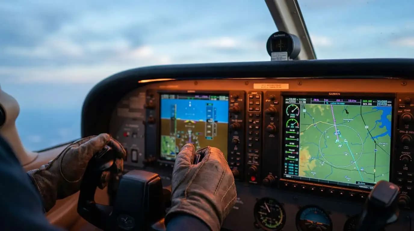 Pilot hands on modern glass cockpit avionics with blue sky visible